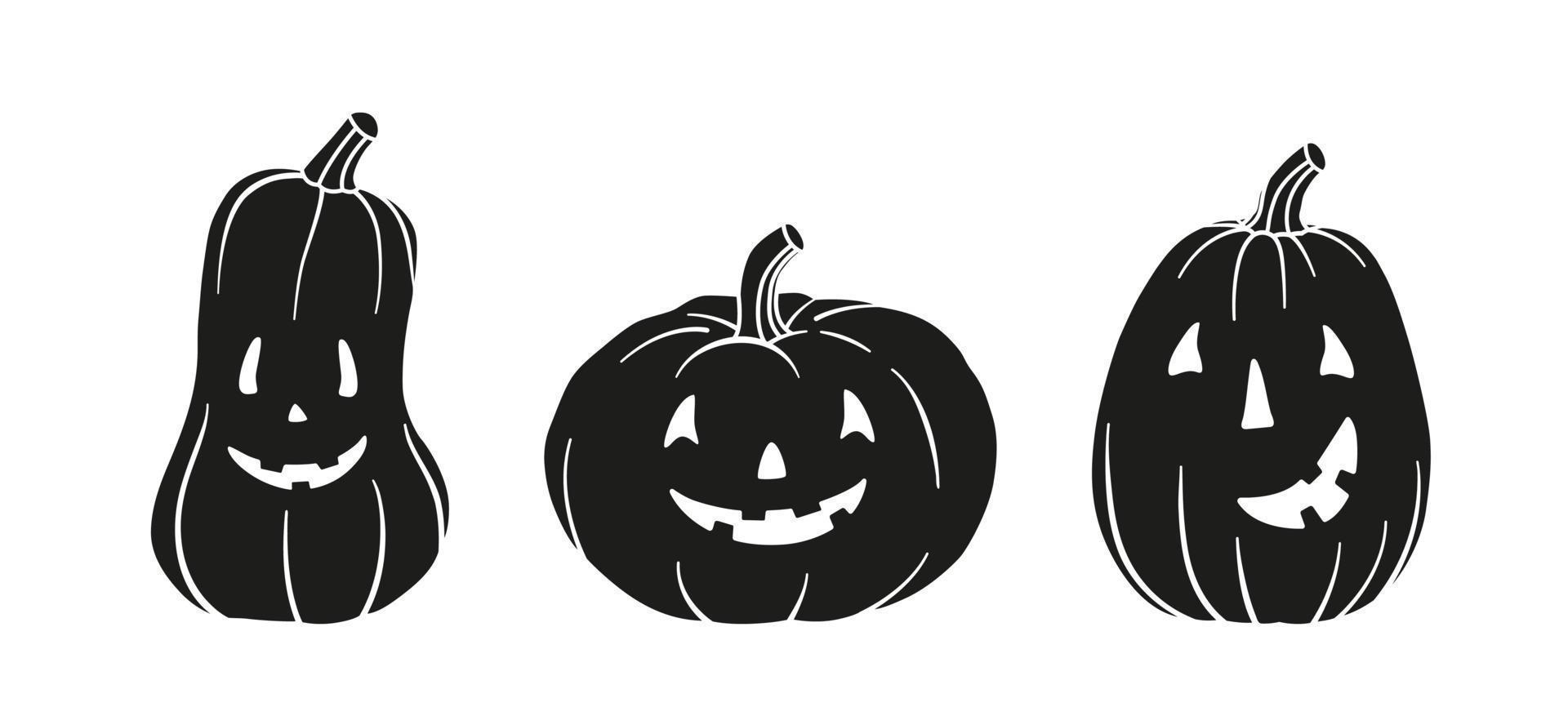 Set of different pumpkins. Main symbol of Halloween. Black pumpkins with various funny faces. Template for your design. Hand drawn trendy Vector illustration. All elements are isolated.