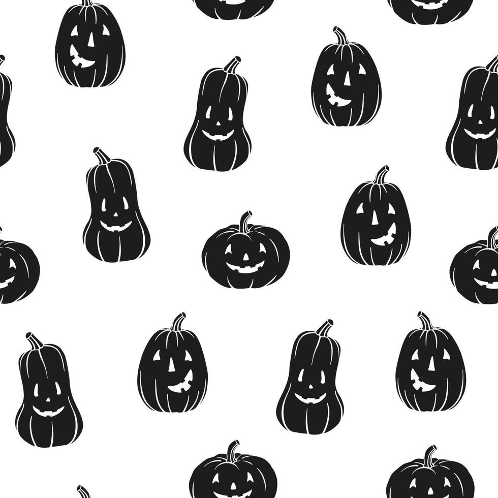 Pattern pumpkins. Main symbol of Halloween. Black pumpkin with various funny faces. Template for your design. Hand drawn trendy vector seamless pattern. Square background, wallpaper