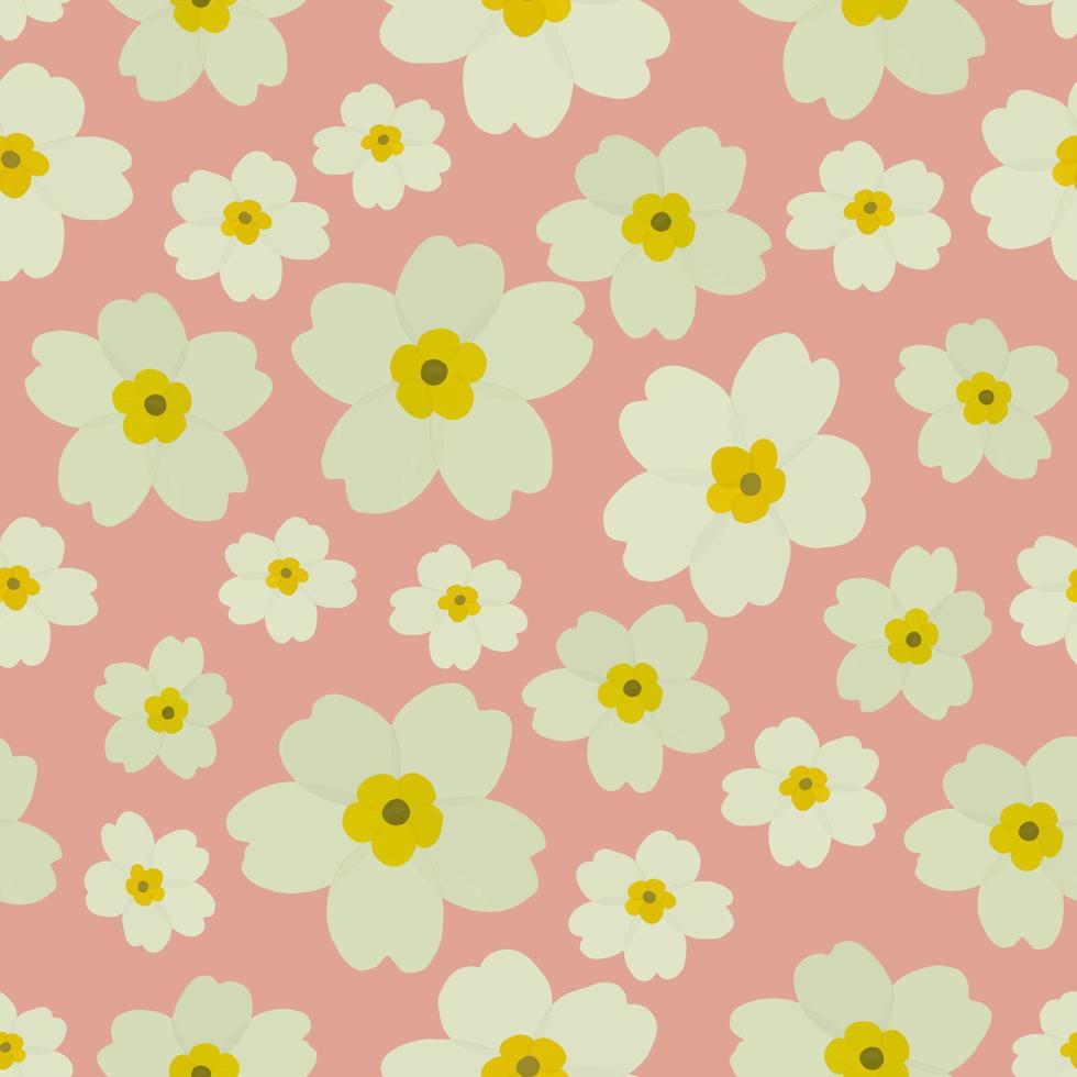 White primroses pattern illustration on pink background. Print for wallpaper, wrapping paper, greeting cards design vector