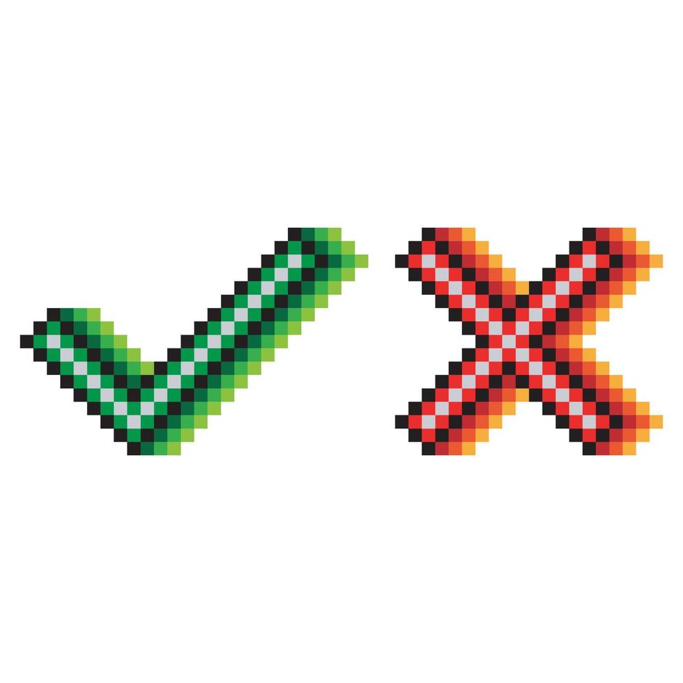 Check mark and cross mark. Tick and cross sign with pixel art. Vector illustration.