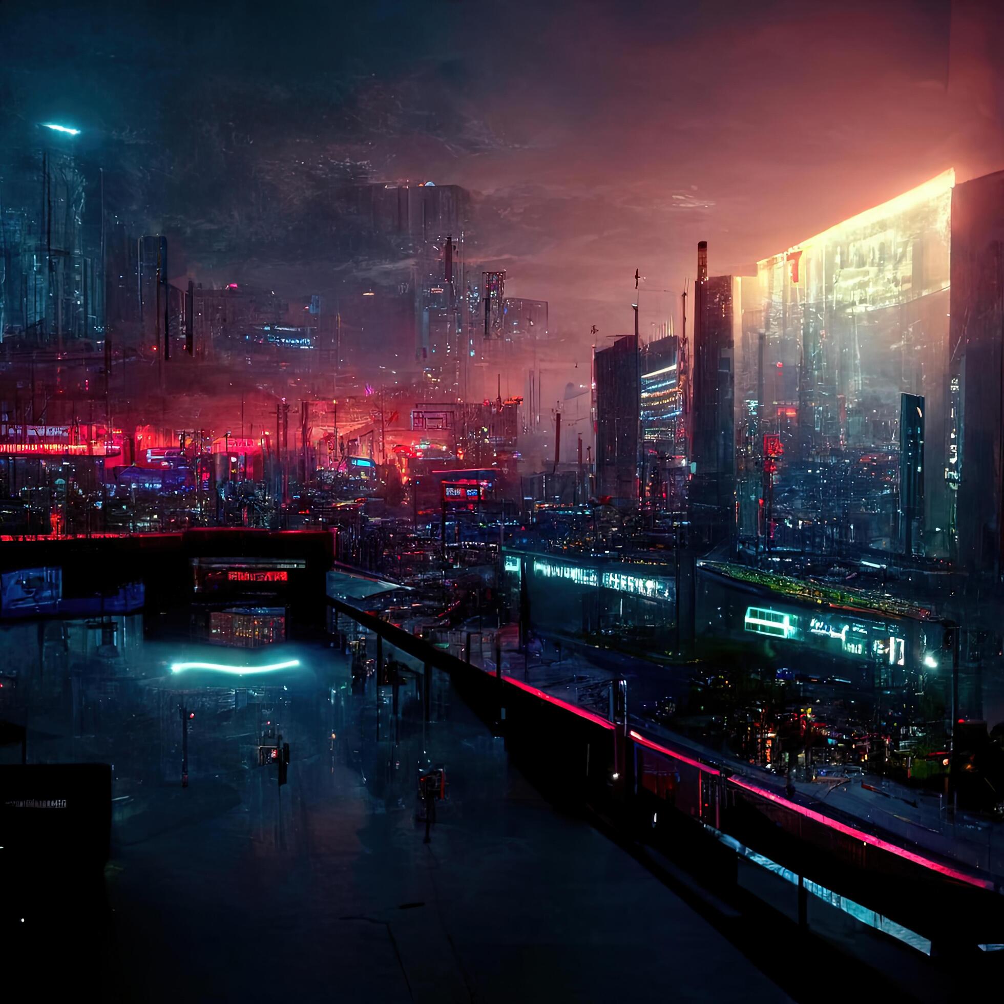Hyperrealistic illustration of a futuristic city with colorful neon