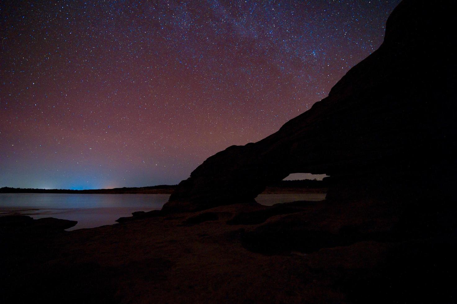 Milky Way Galaxy and Stars in Night Sky in mekong river Sam Pan Bok grand canyon ubon ratchathani province asia thai photo