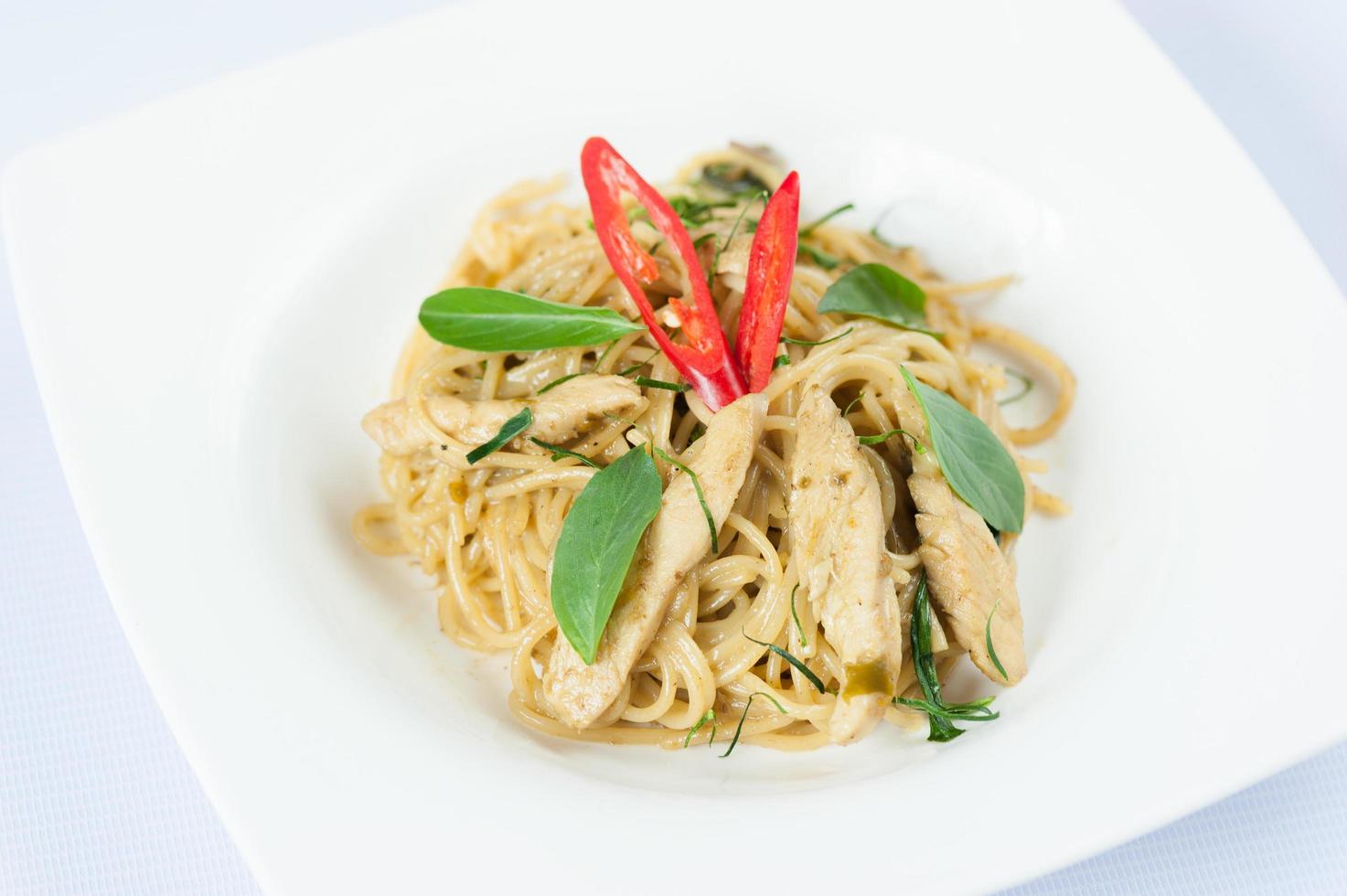 Green Curry With Chicken Spaghetti Isolated on White Background photo