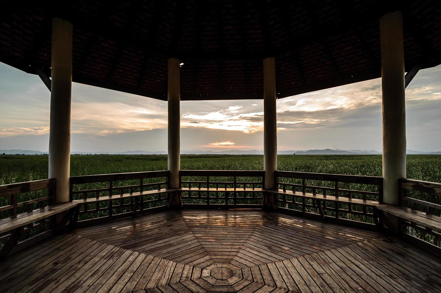 Wooden Bridge in Lotus Lake Under Cloudy Sky at Khao Sam Roi Yod National Park, Thailand. photo