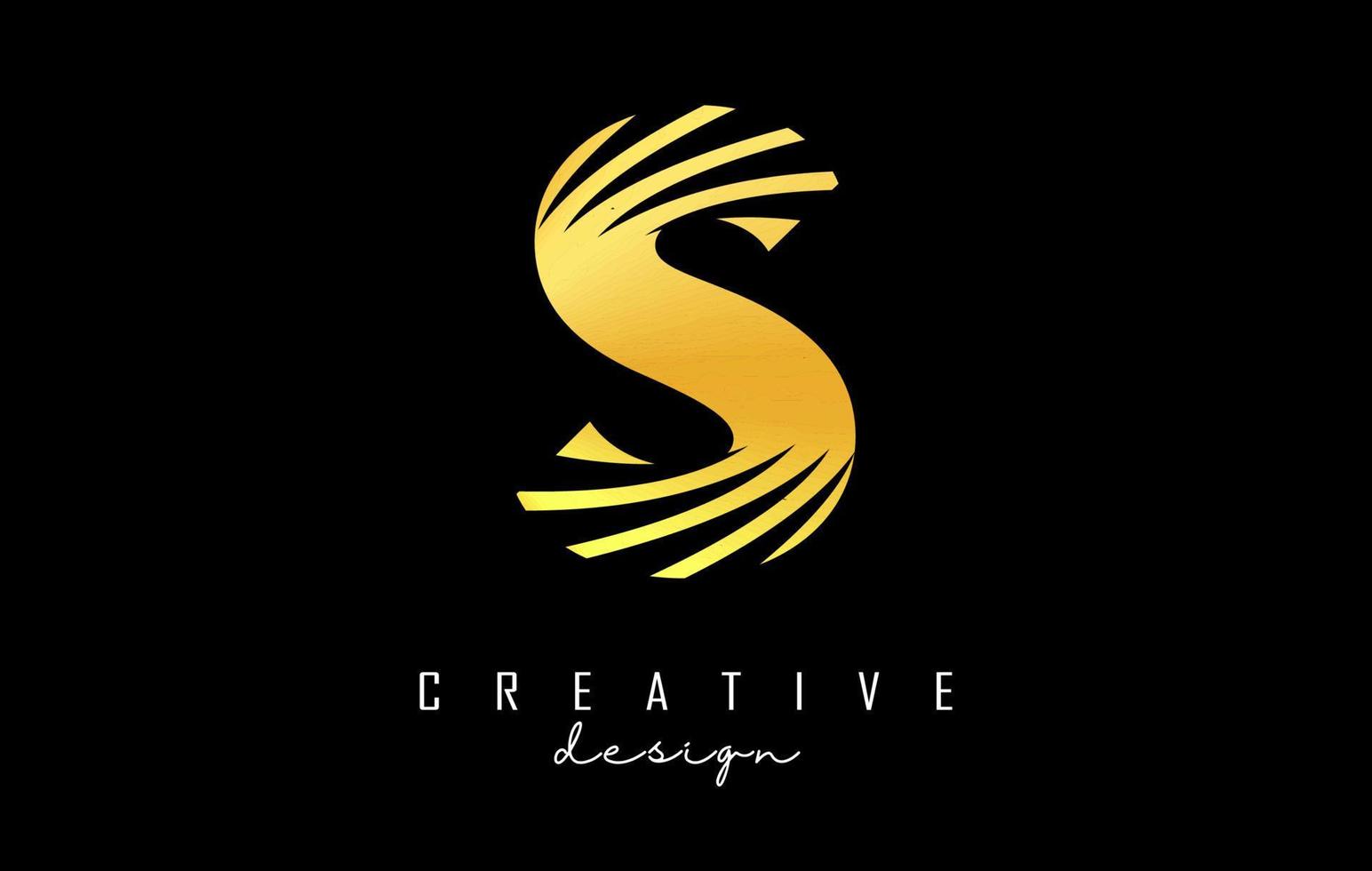 Golden letter S logo with leading lines and negative space design. Letter with geometric and creative cuts concept. vector