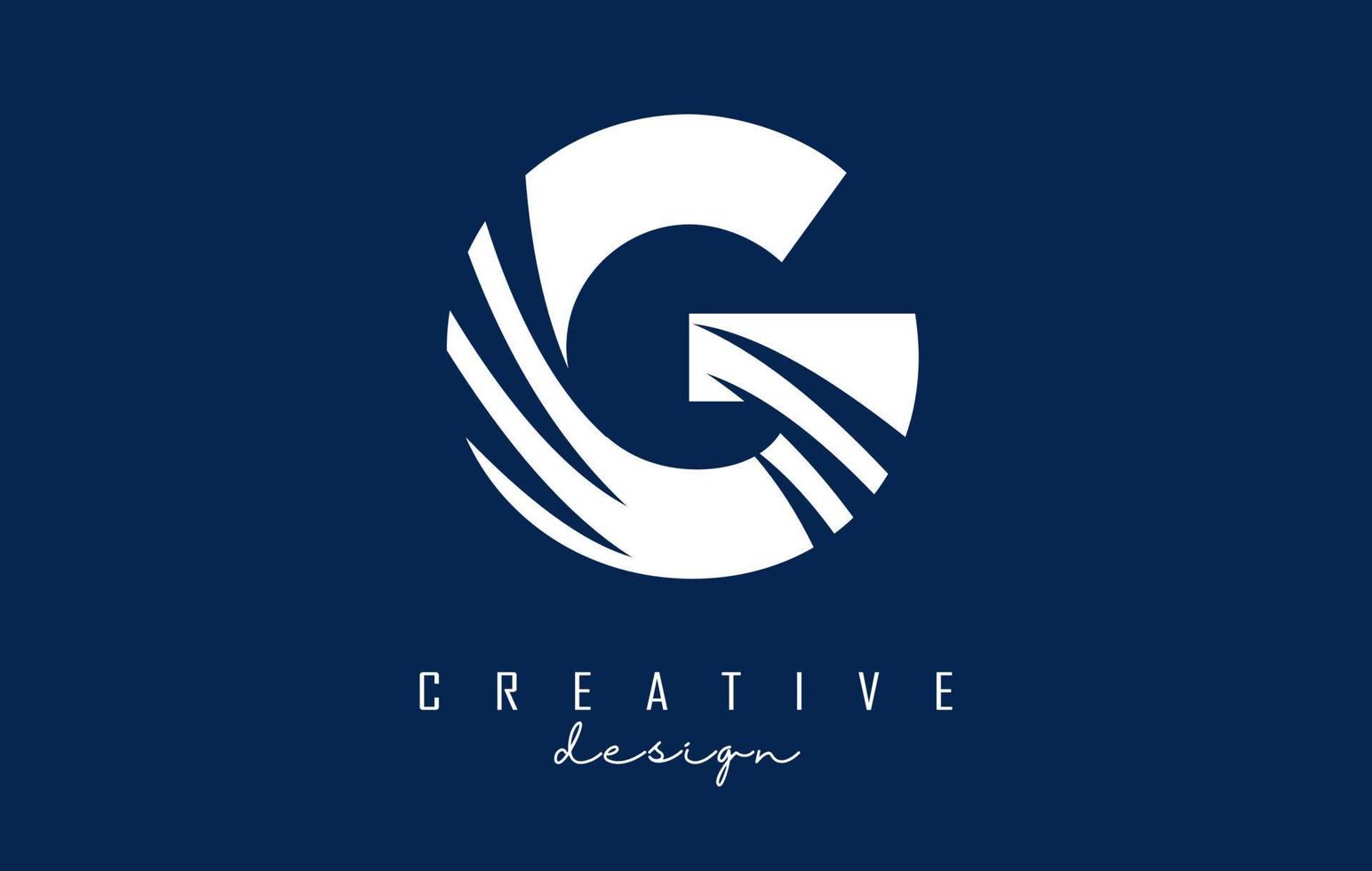 White letter G logo with leading lines and negative space design. Letter with geometric and creative cuts concept. vector