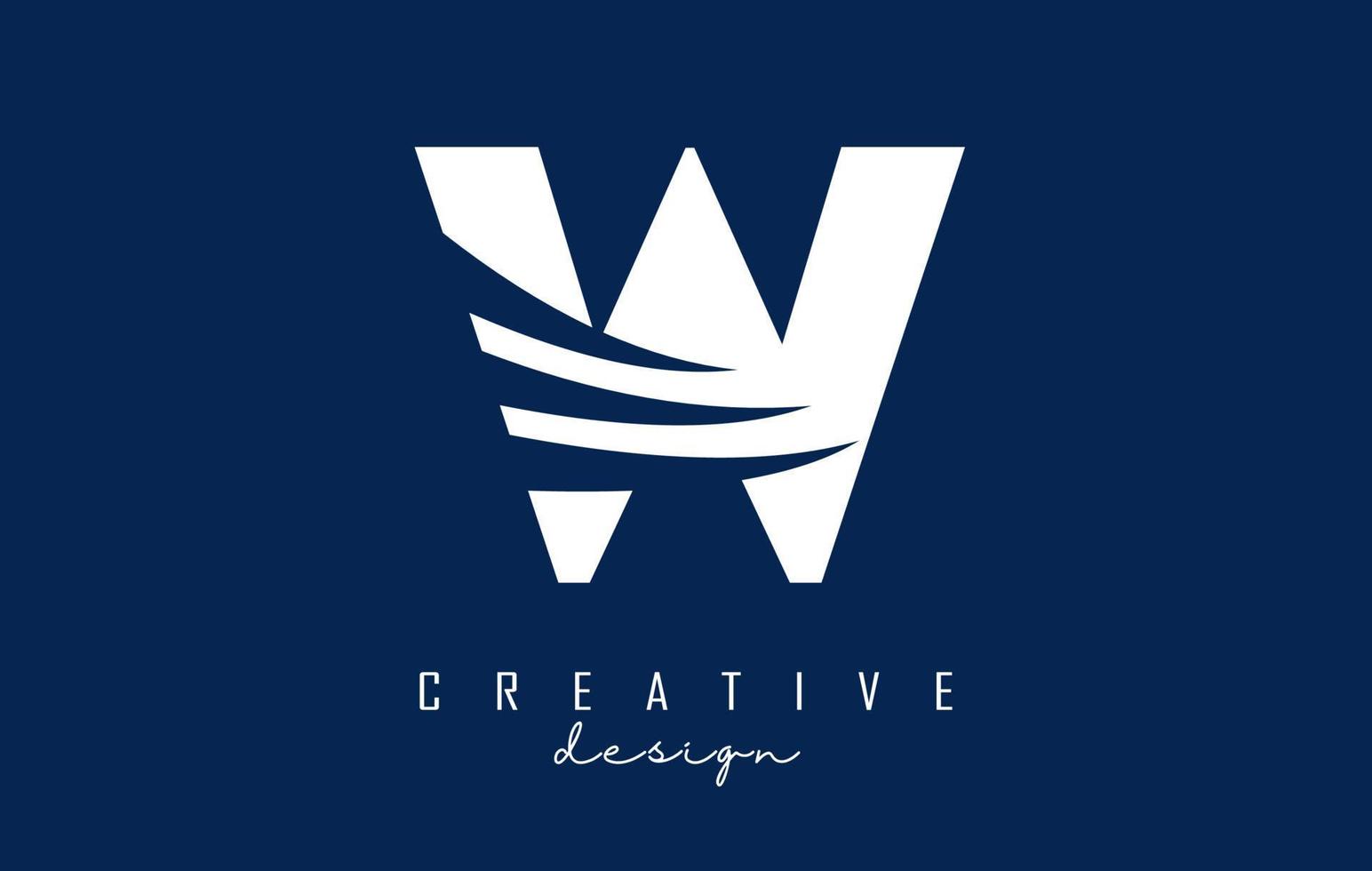 White letter W logo with leading lines and negative space design. Letter with geometric and creative cuts concept. vector