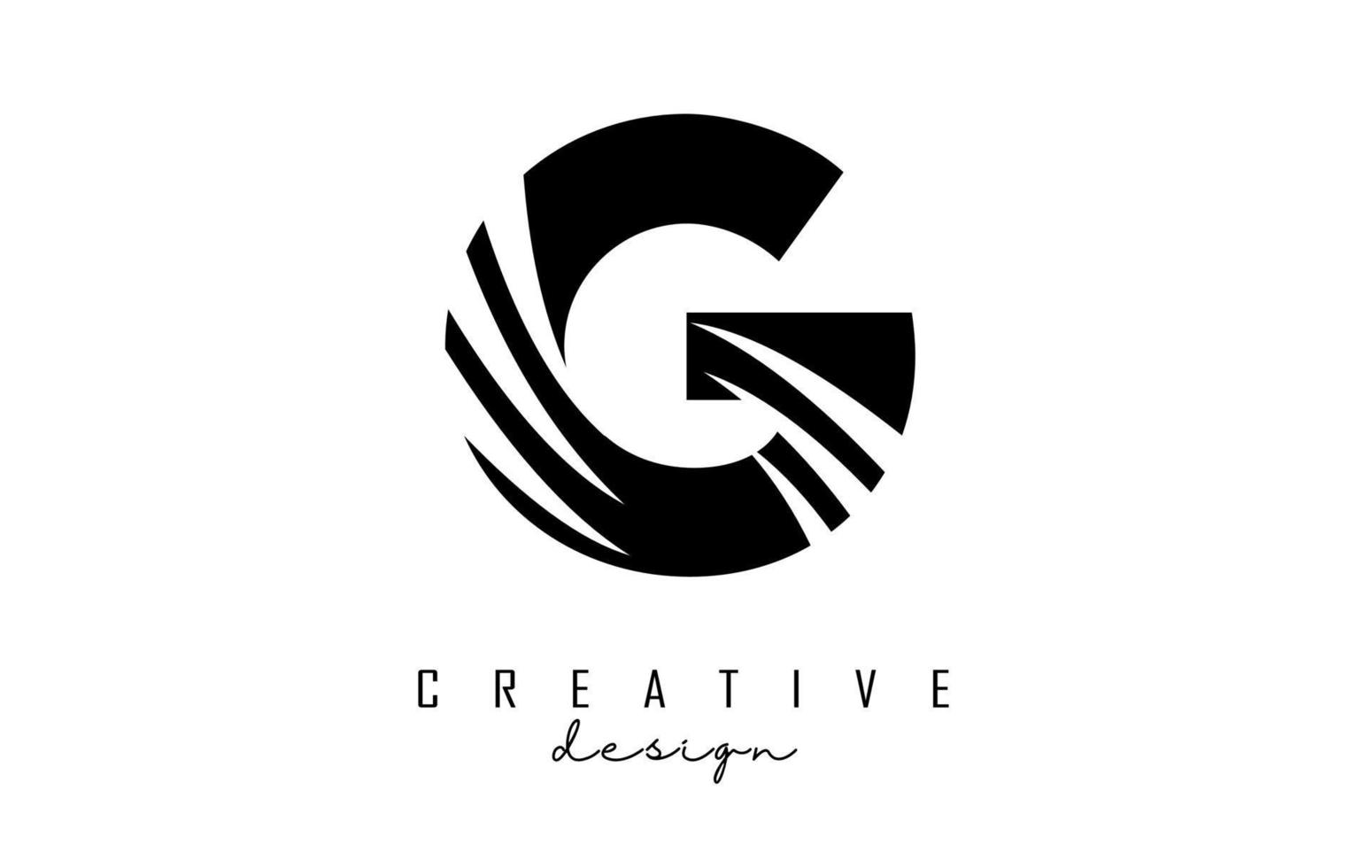 Black letter G logo with leading lines and negative space design. Letter with geometric and creative cuts concept. vector