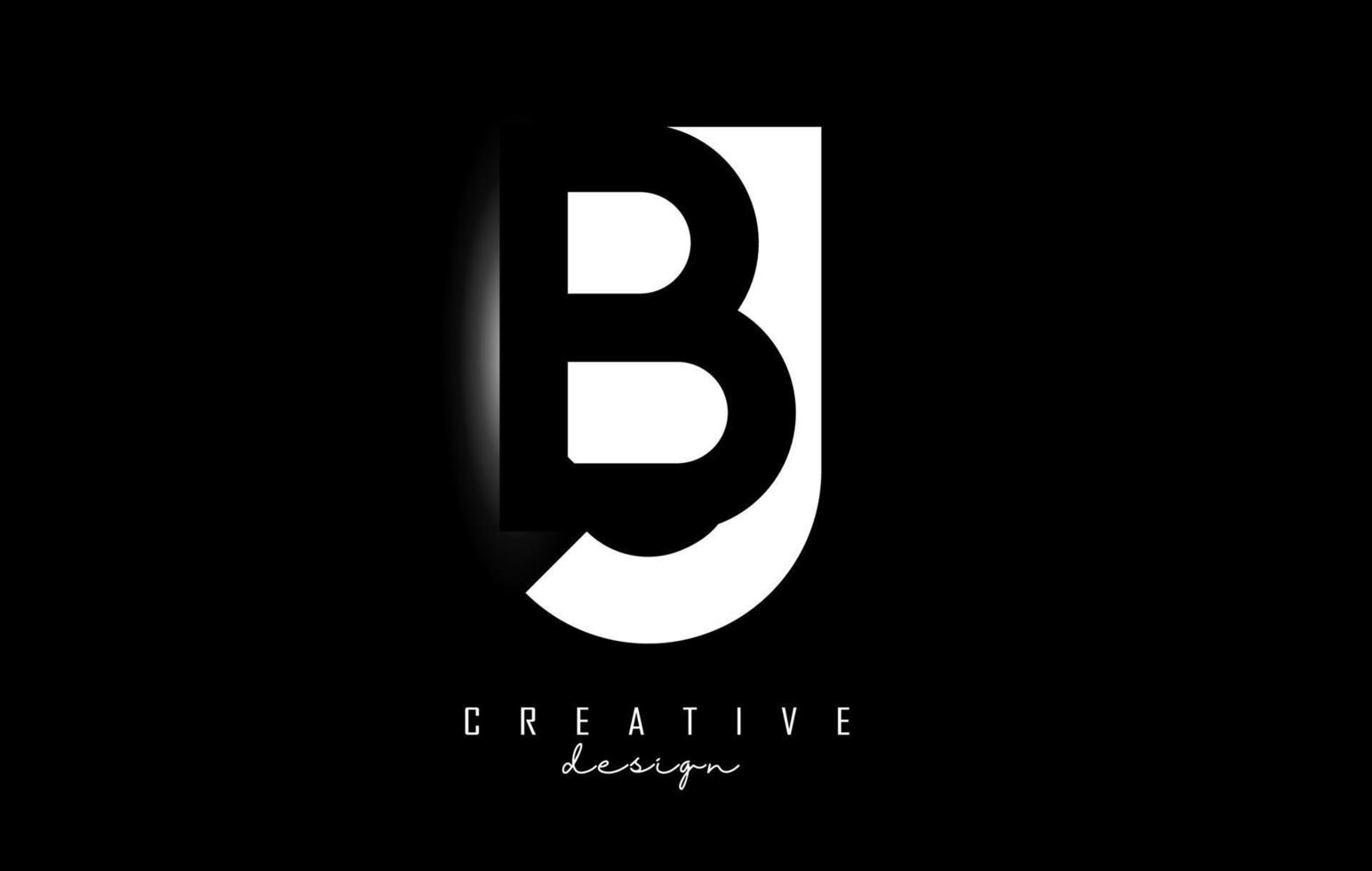 Letters BJ Logo with black and white negative space design on a black background. Letters B and J with geometric typography. vector
