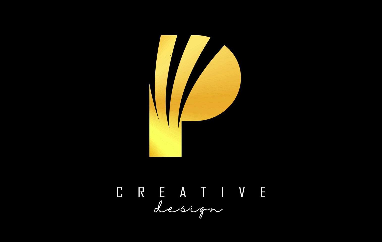 Golden letter P logo with leading lines and negative space design. Letter with geometric and creative cuts concept. vector