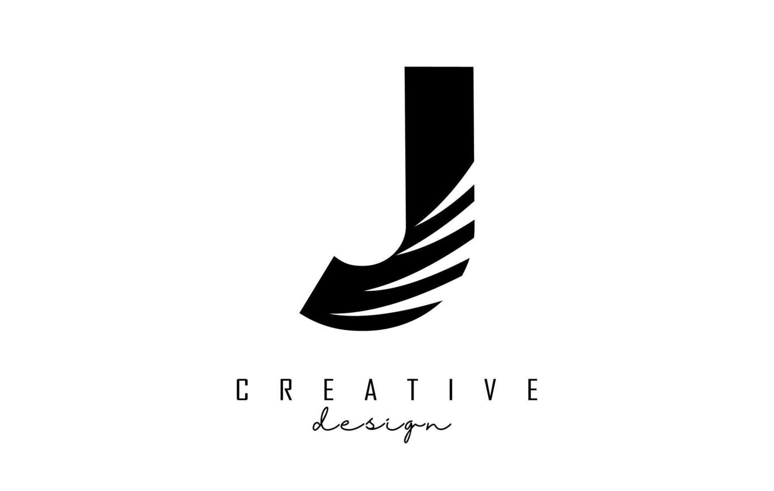 Black letter J logo with leading lines and negative space design. Letter with geometric and creative cuts concept. vector