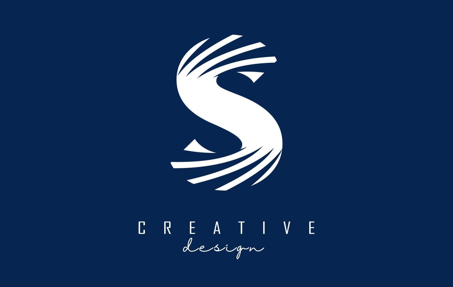 White letter S logo with leading lines and negative space design. Letter with geometric and creative cuts concept. vector