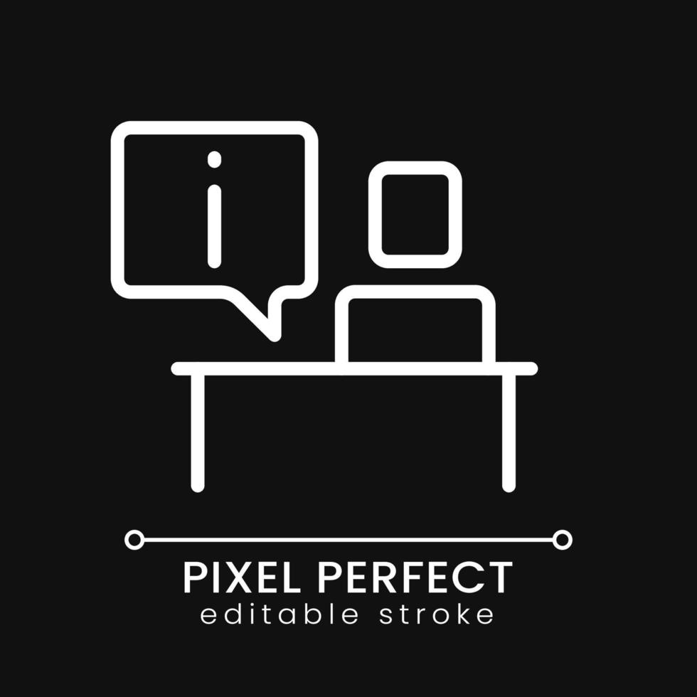 Information desk pixel perfect white linear icon for dark theme. Helpdesk service. Customer consulting. Thin line illustration. Isolated symbol for night mode. Editable stroke vector