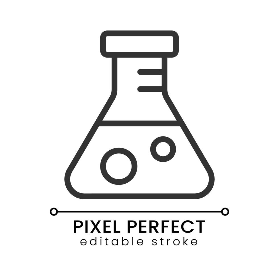 Conical flask pixel perfect linear icon. Scientific experiment. Medical test. Laboratory