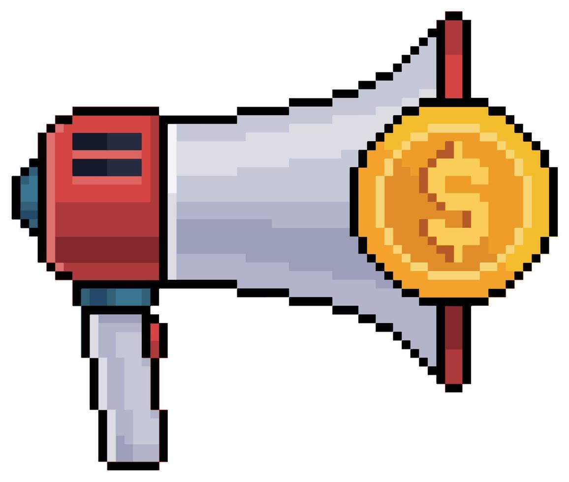 megáfono de arte de píxeles con icono de vector de moneda y dinero para juego de 8 bits sobre fondo blanco