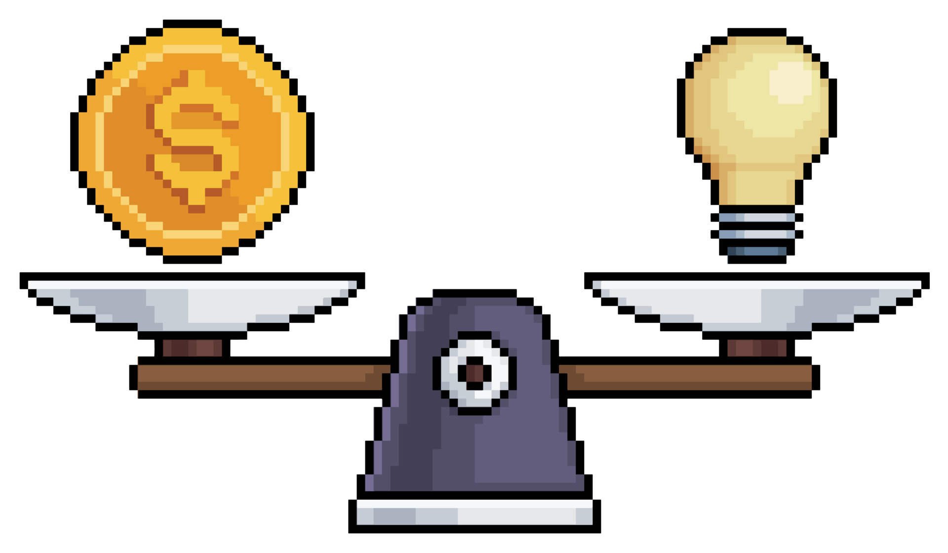 Pixel art scales with coin and light bulb, money and ideas vector icon