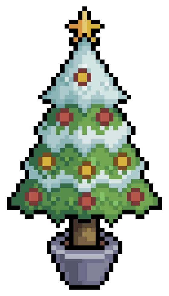 Pixel art christmas tree, with star and baubles vector icon for 8bit game on white background