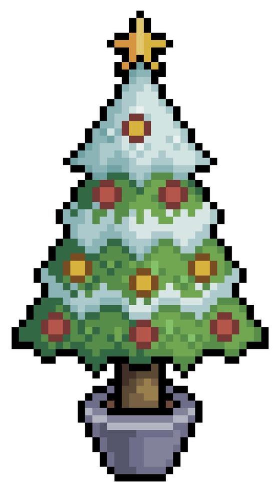 árbol de navidad de arte de píxeles, con estrellas y adornos icono vectorial para juego de 8 bits sobre fondo blanco vector