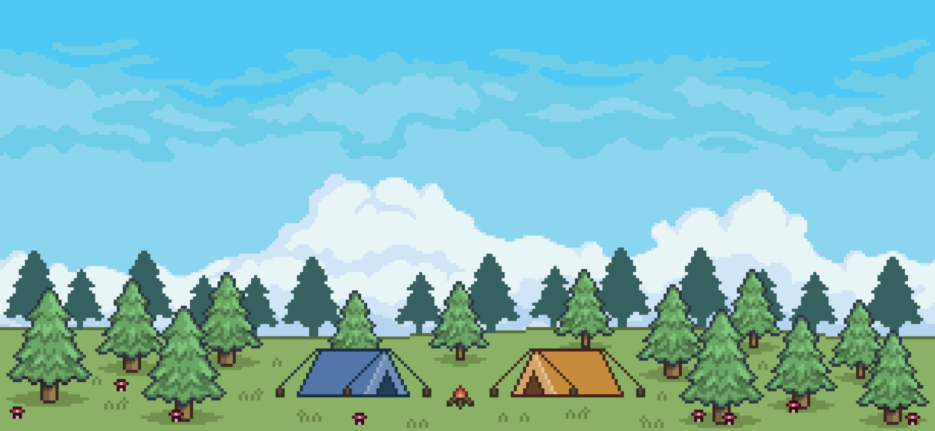 paisaje de camping de bosque de pinos de pixel art con carpas y fogata fondo de juego de 8 bits vector