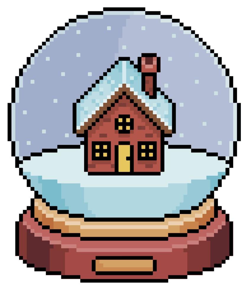 Pixel art snow globe with house vector icon for 8bit game on white background