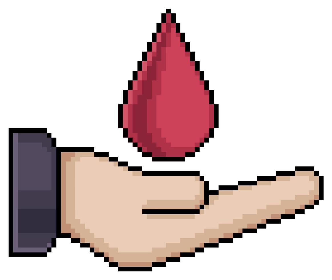Pixel art hand holding drop of blood, blood donation vector icon for 8bit game on white background