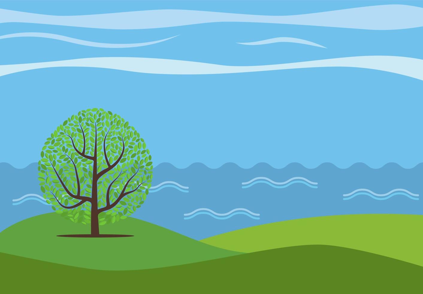 paisaje de dibujos animados panorámicos vectoriales con el árbol solitario contra el mar. vector