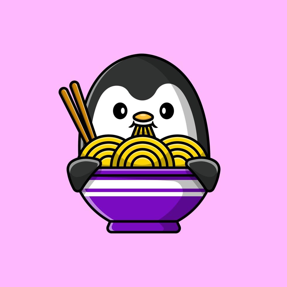 lindo pingüino comiendo ilustración de iconos de vector de dibujos animados de fideos. concepto de caricatura plana. adecuado para cualquier proyecto creativo.