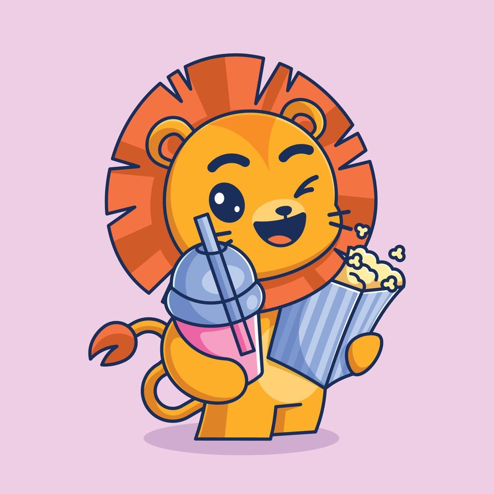 lindo león con palomitas de maíz y dibujos animados de bebidas vector