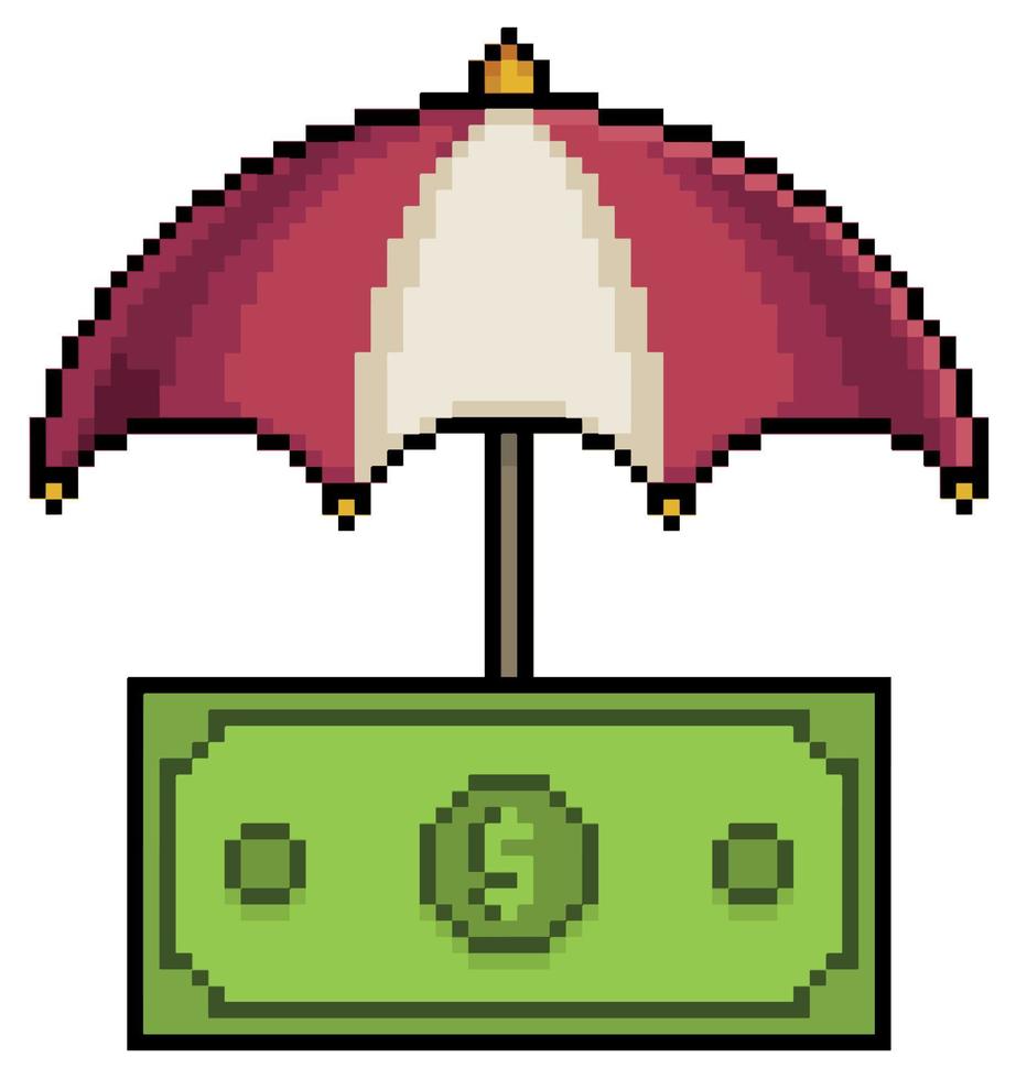 Pixel art umbrella covering money bill, umbrella and banknote vector icon for 8bit game on white background