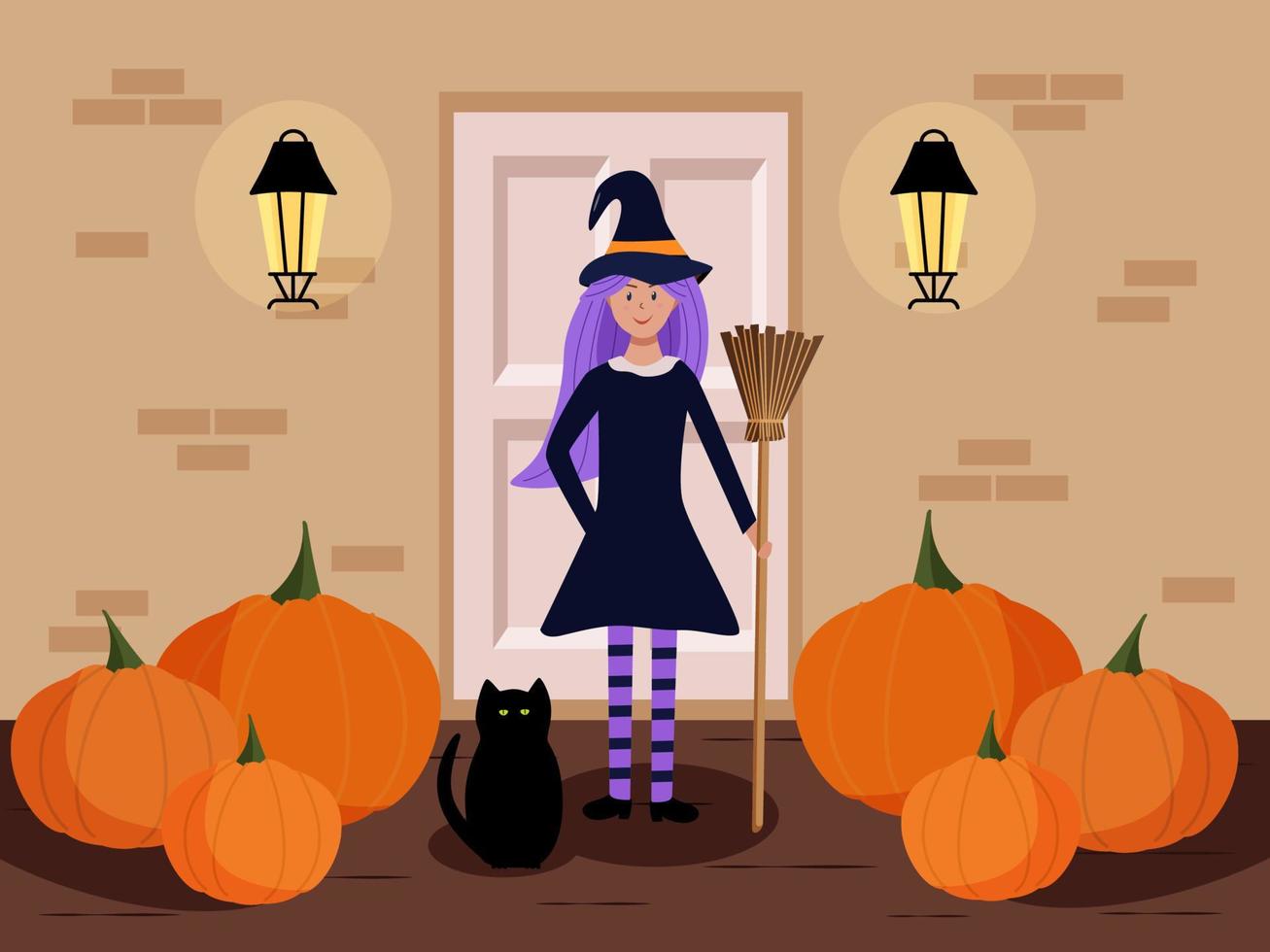 A girl in a witch costume with broom and a black cat it stands on the wing of the house. Cartoon scene for Halloween. Vector illustration.