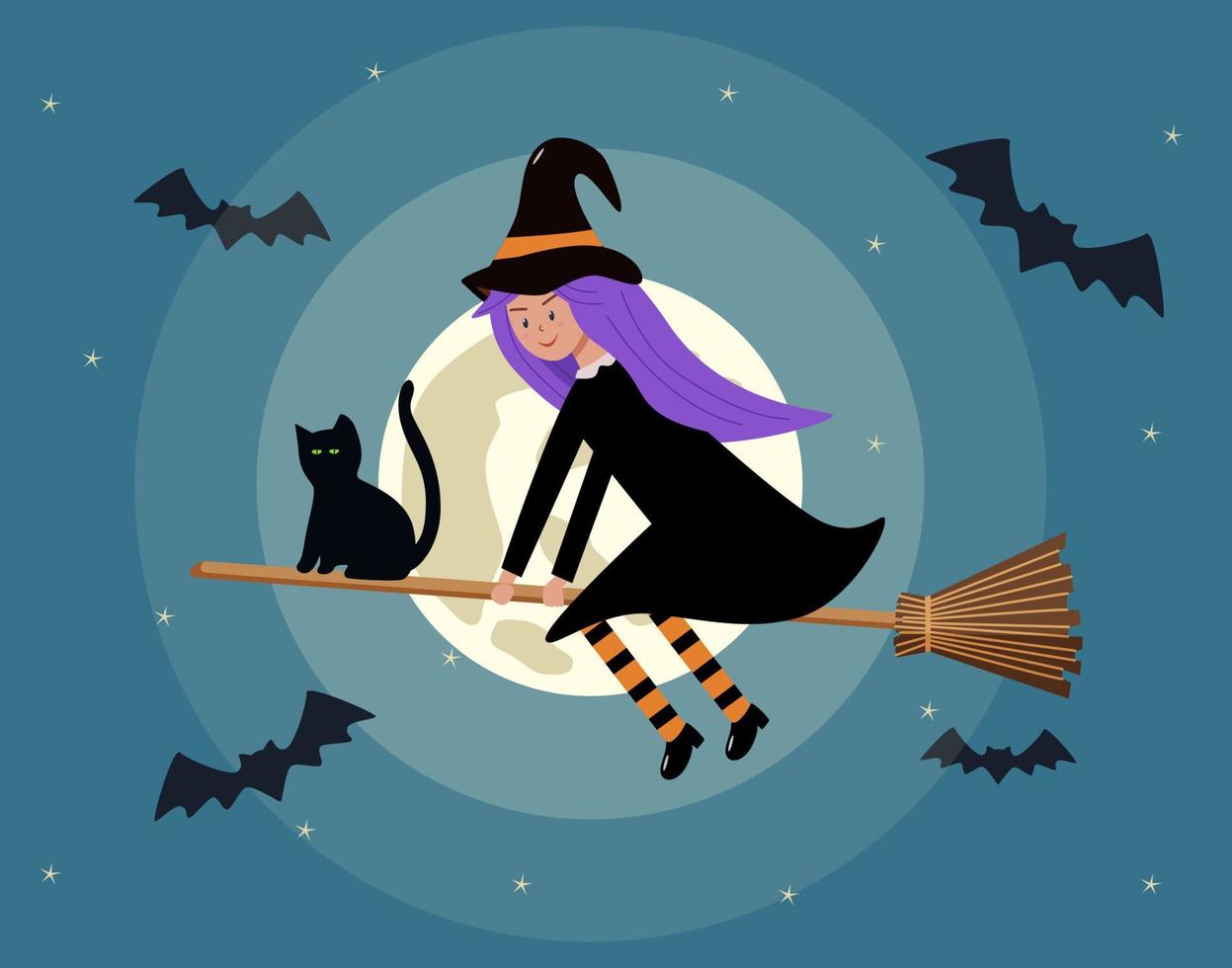 una chica disfrazada de bruja vuela en una escoba con un gato negro. escena de dibujos animados para halloween. ilustración vectorial una bruja en una escoba en el cielo nocturno, la luna y los murciélagos vector