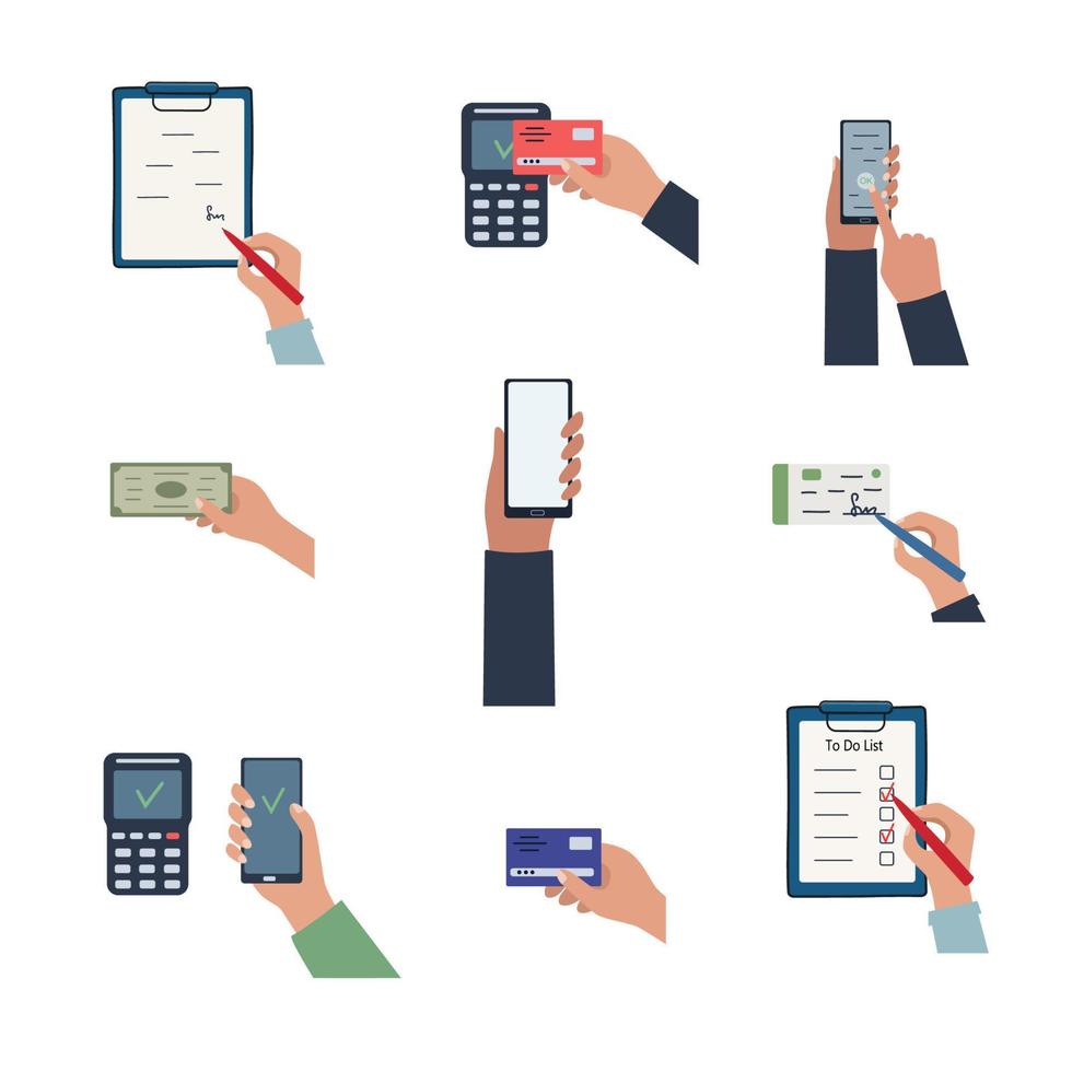 The concept of business, payment and finance. A set of vector illustrations contactless payment, credit card or cash, contract signing, phone, receipt