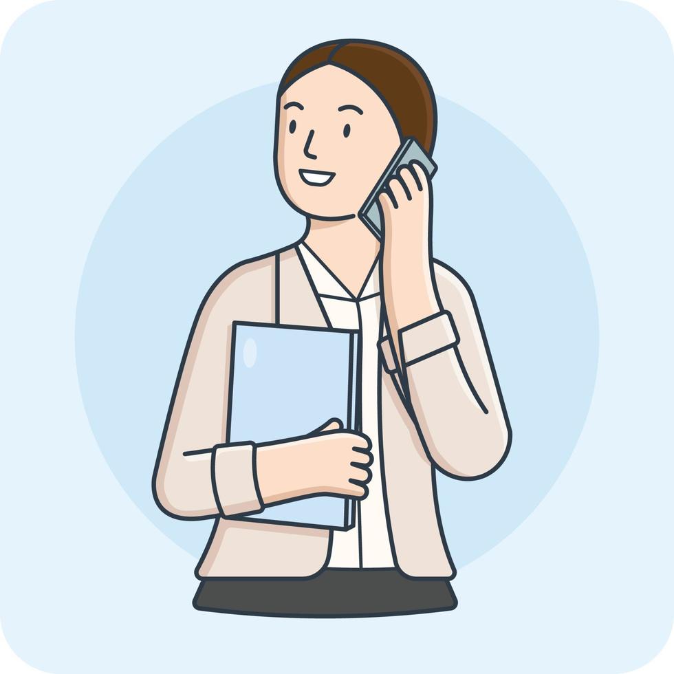 Female business woman communication with smartphone and laptop, 2D character activity, vector design and isolated background.