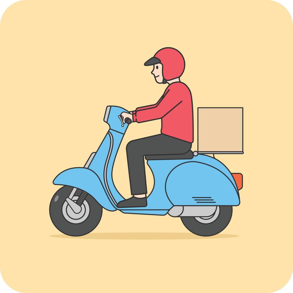 Delivery man with a motorcycle scooter, 2D character activity, illustration design and isolated background. vector