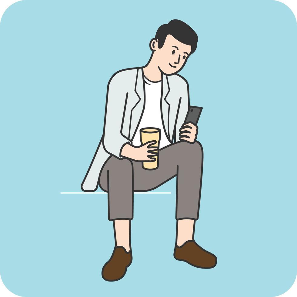 hombre sentado y relajado, usando un teléfono inteligente y sosteniendo una taza de café. vector
