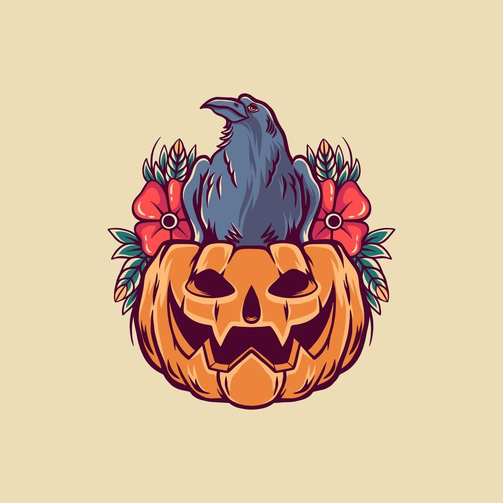 Pumpkin And Raven Retro Illustration vector