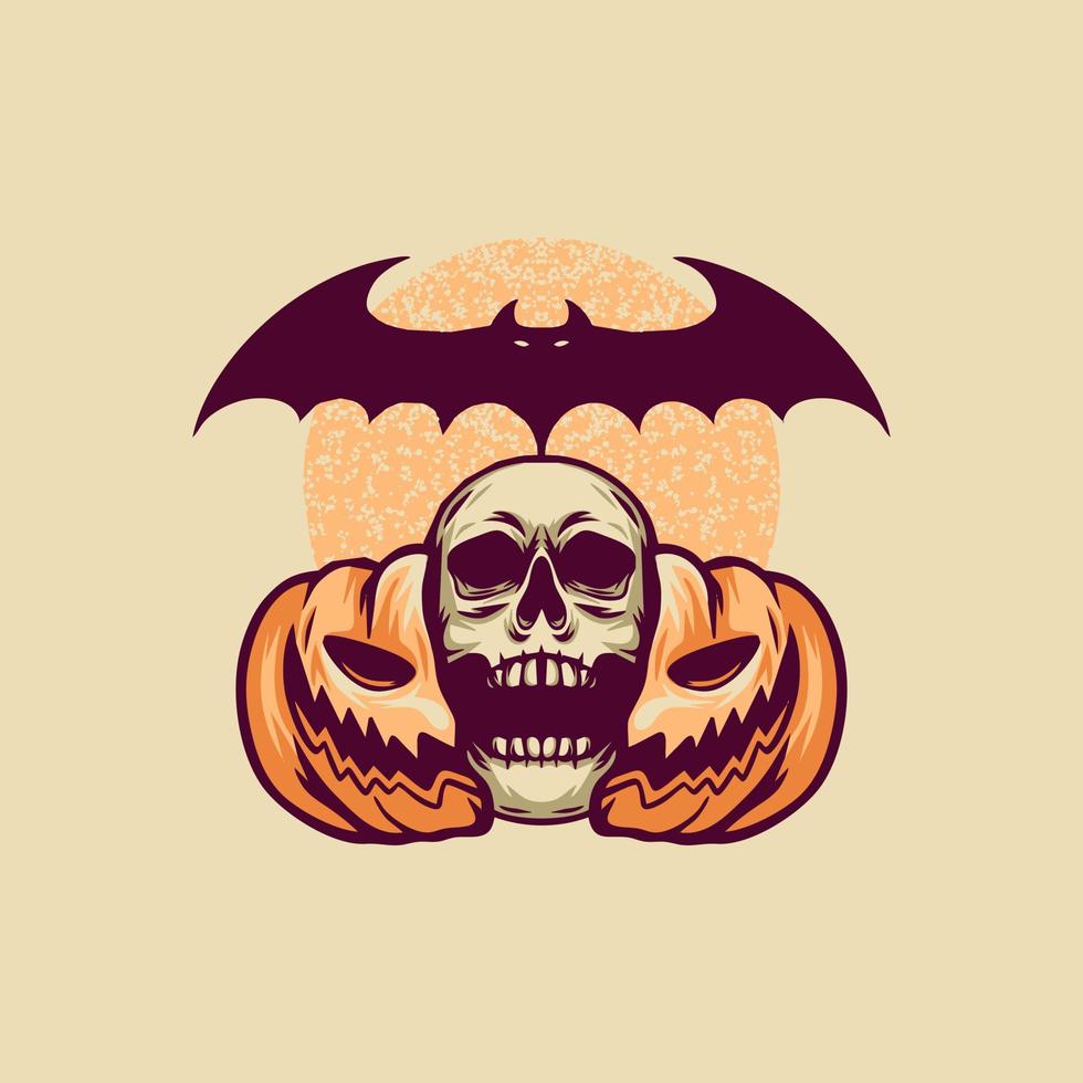 Skull Pumpkin And Bat Retro Illustration vector