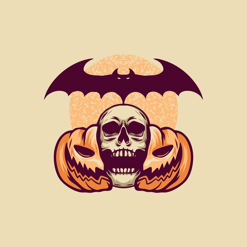 Skull Pumpkin And Bat Retro Illustration vector
