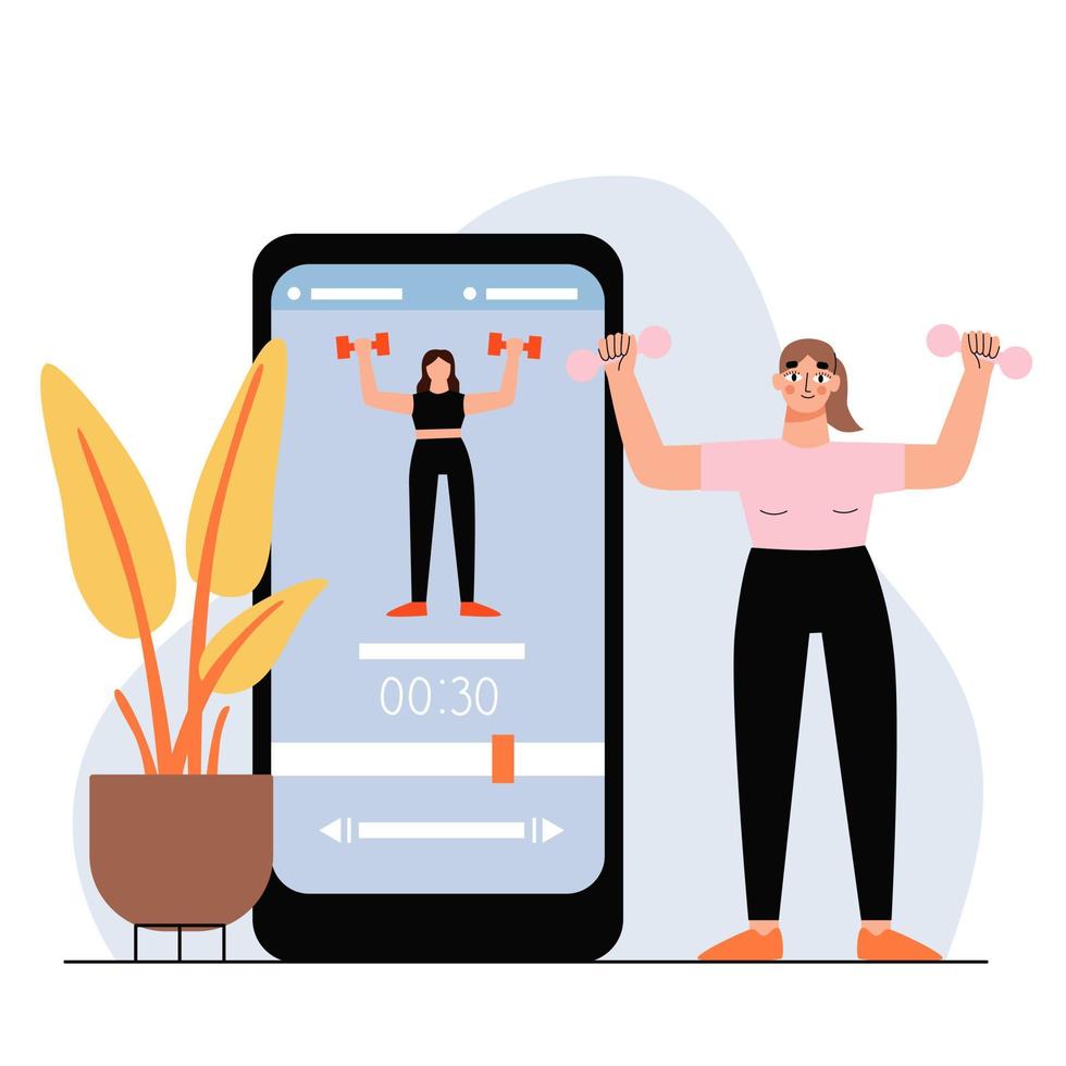 A young woman does sports using an application on a smartphone. Flat vector illustration
