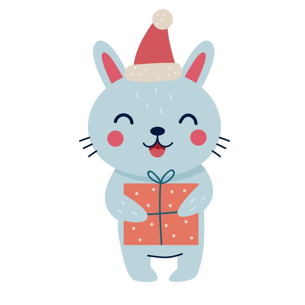 lindo conejito de navidad con un regalo. ilustración vectorial vector