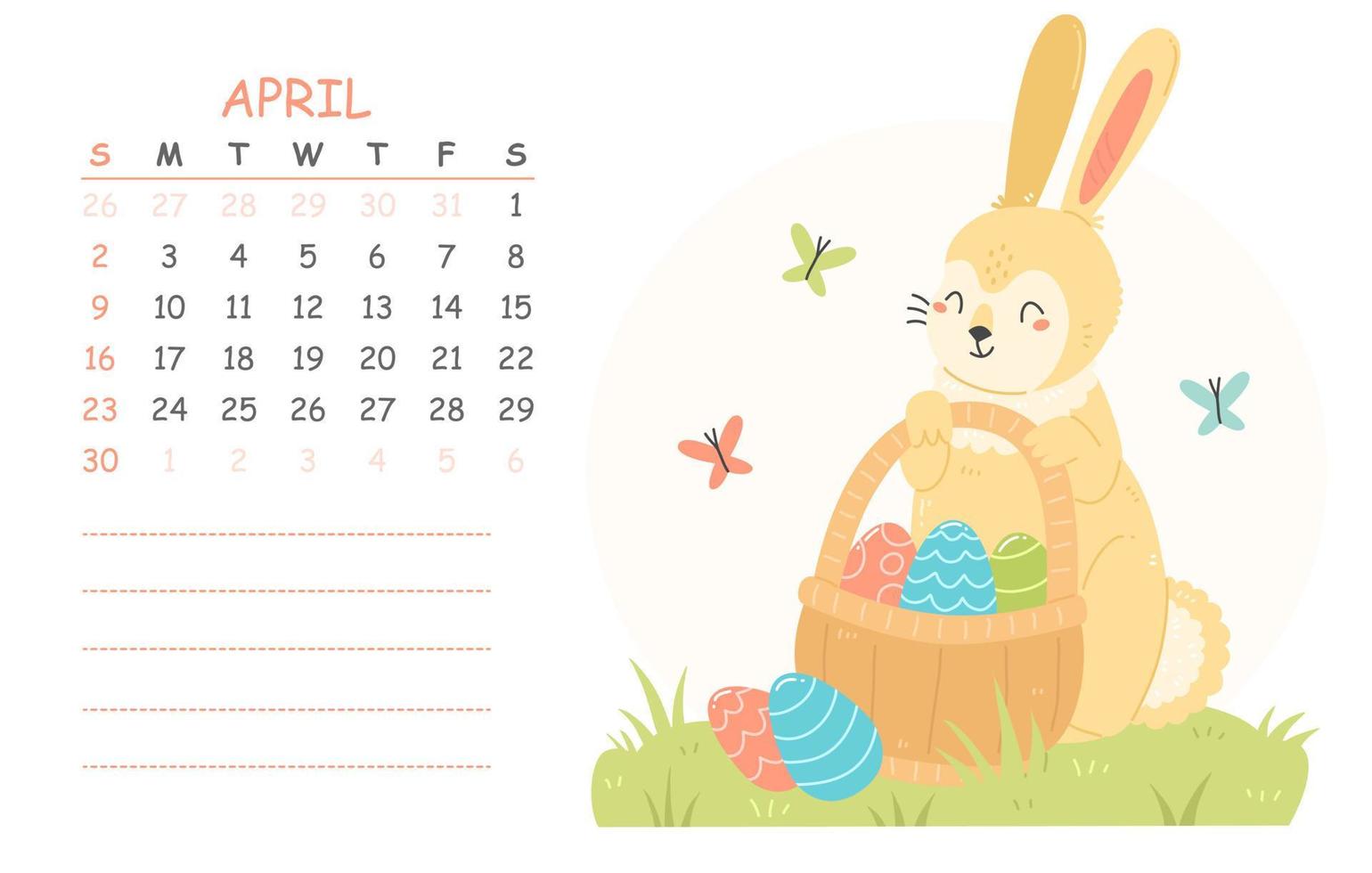 calendario infantil de abril para 2023 con una ilustración de un lindo conejo con huevos de pascua en una canasta. 2023 es el año del conejo. vector primavera pascua ilustración de la página del calendario.