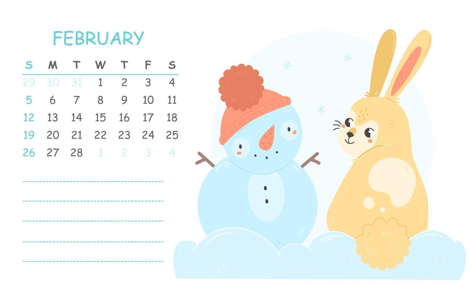 calendario infantil de febrero para 2023 con una ilustración de un lindo conejo con un muñeco de nieve. 2023 es el año del conejo. ilustración vectorial de invierno de la página del calendario. vector