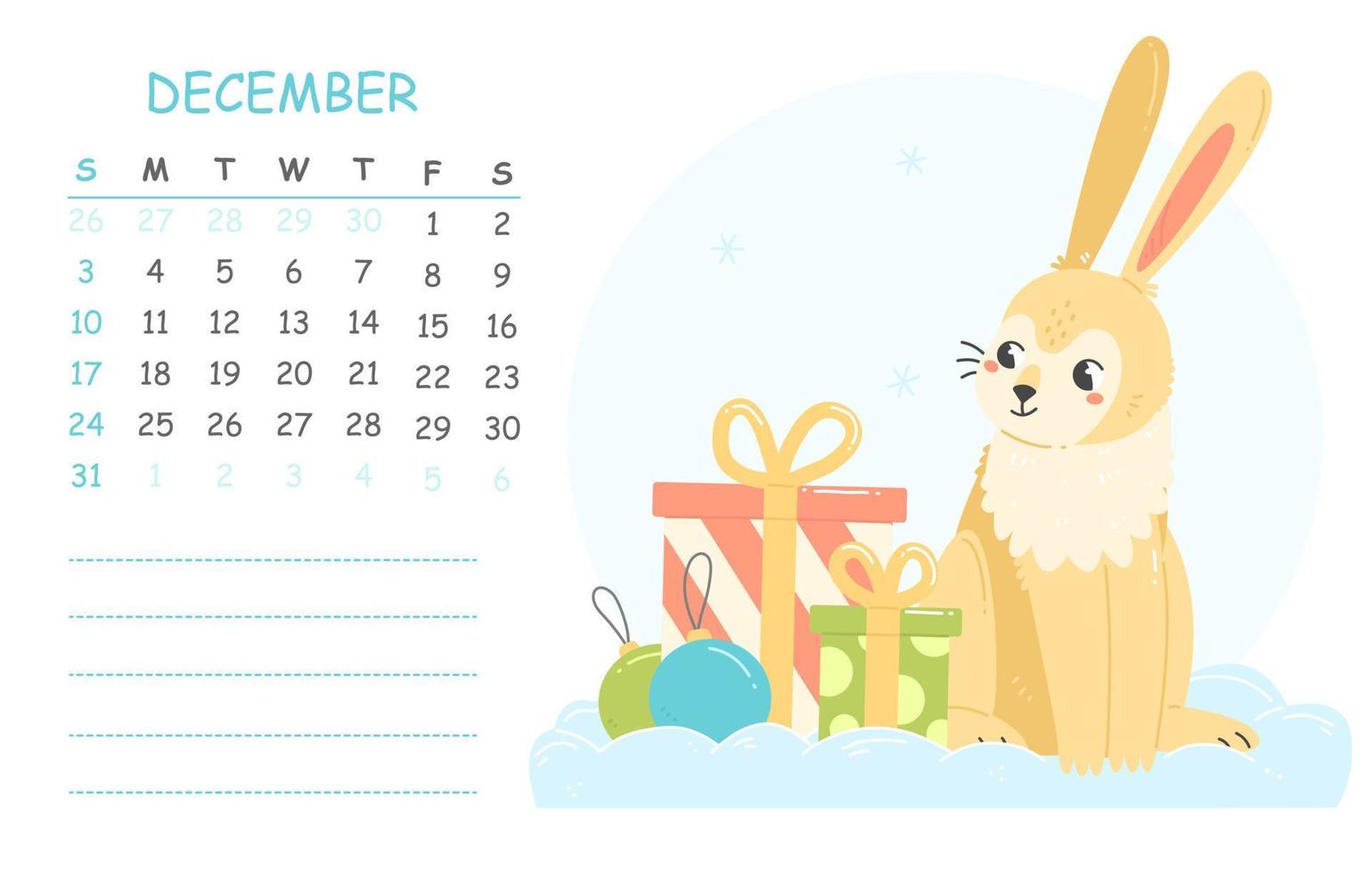 December children's calendar for 2023 with an illustration of a cute rabbit with gifts. 2023 is the year of the rabbit. Vector winter illustration of the calendar page.