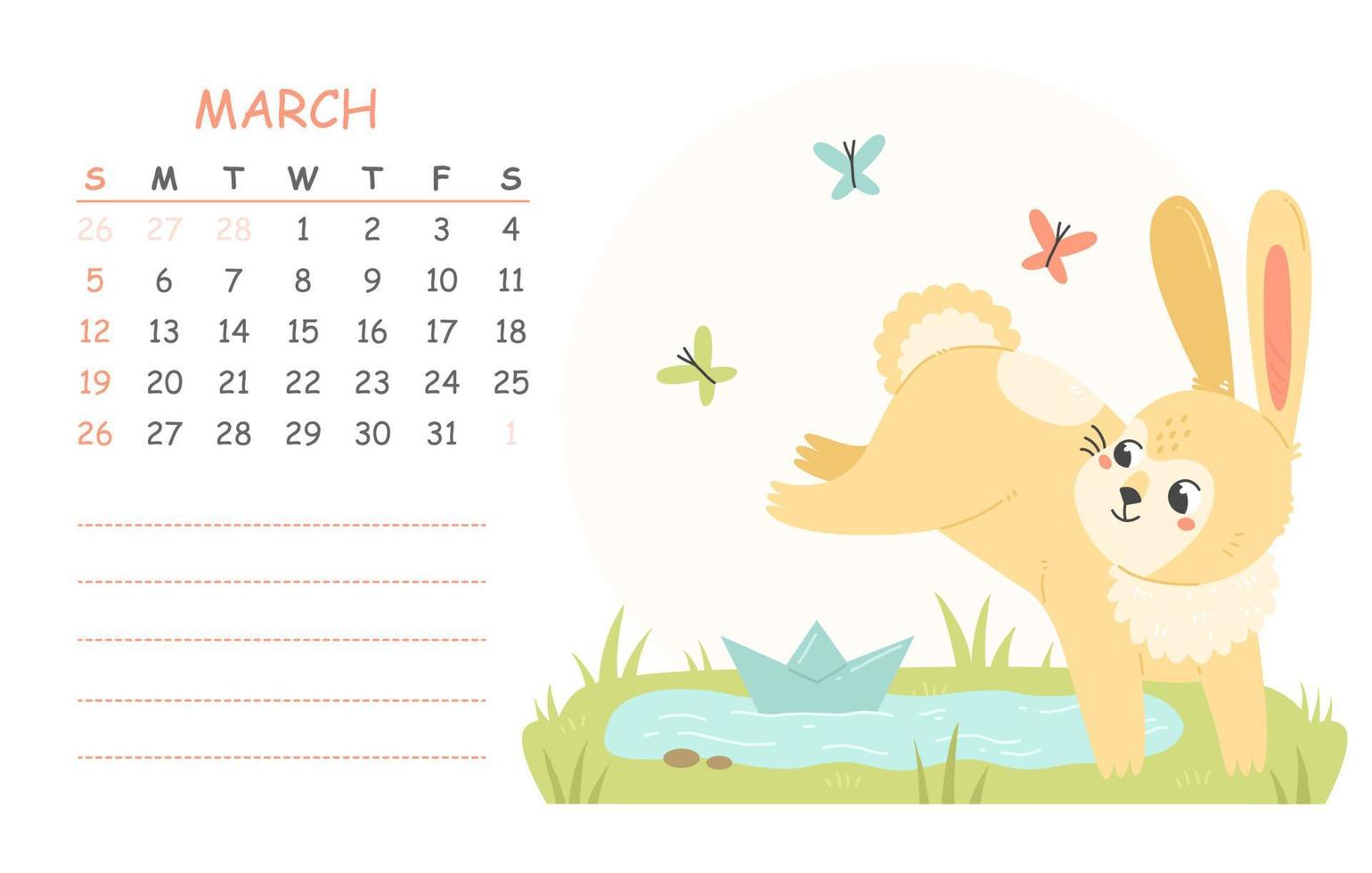 calendario infantil de marzo para 2023 con una ilustración de un lindo conejo con un bote de papel y un charco. 2023 es el año del conejo. ilustración vectorial de primavera de una página de calendario. vector