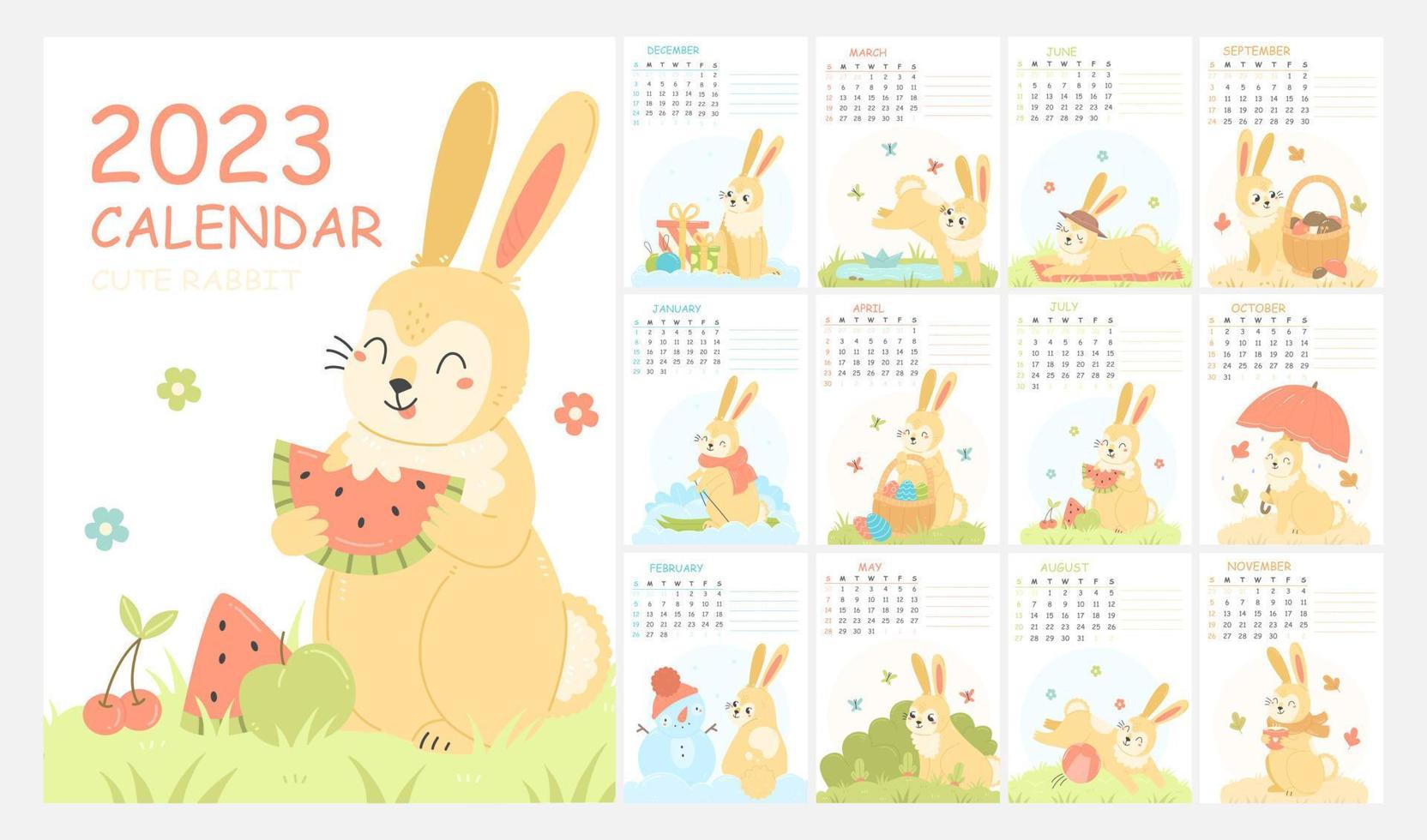 Design a children's vertical calendar for 2023 with cute illustrations with a rabbit character. 2023 is the year of the rabbit. 12 months. Wall calendar template. Vector illustration.