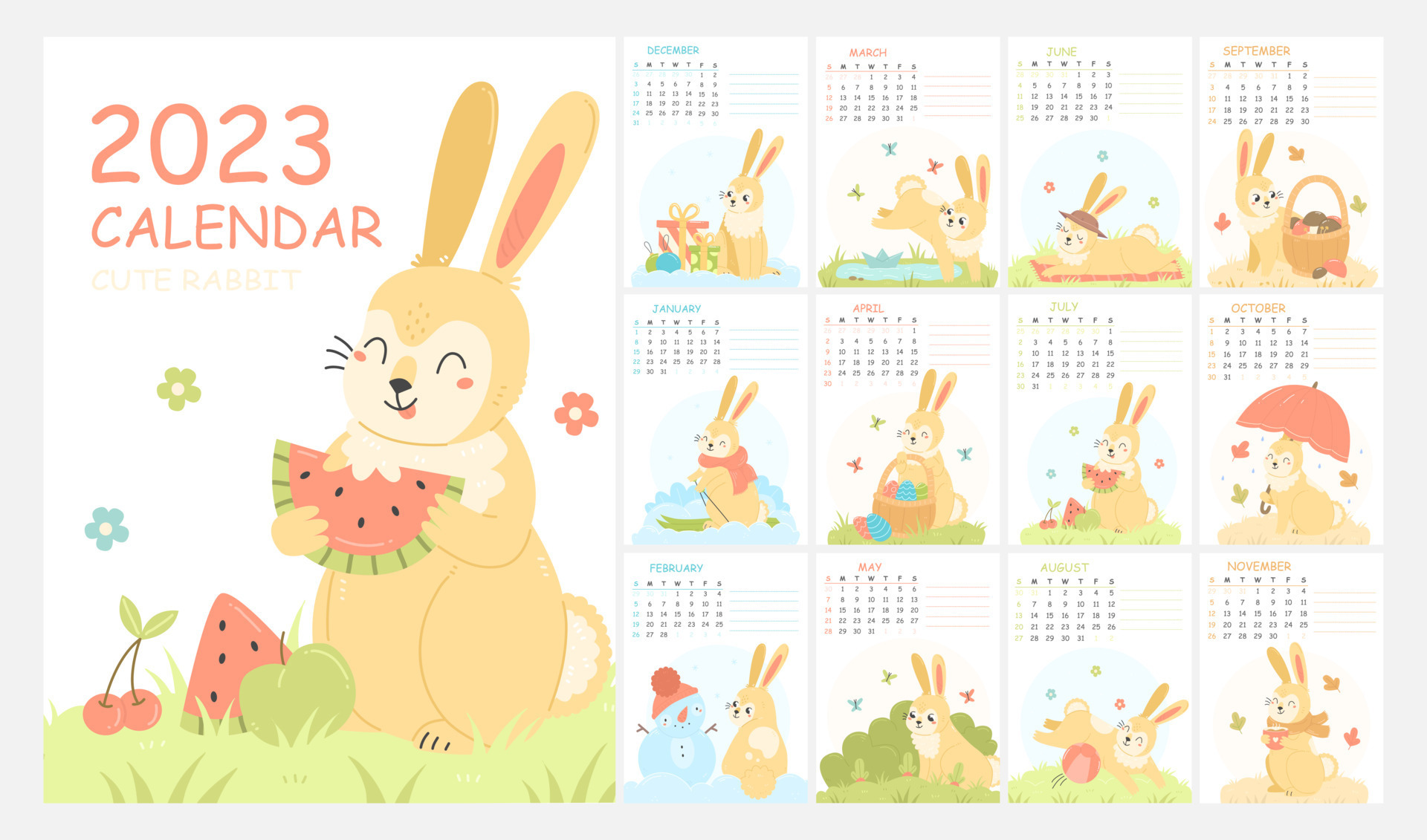 calendario 2023 con lindo conejo. Calendario de páginas verticales de 12  meses símbolo de mascota de personaje de liebre año. lindo conejito 2023 al  calendario chino. ilustración vectorial 8568191 Vector en Vecteezy