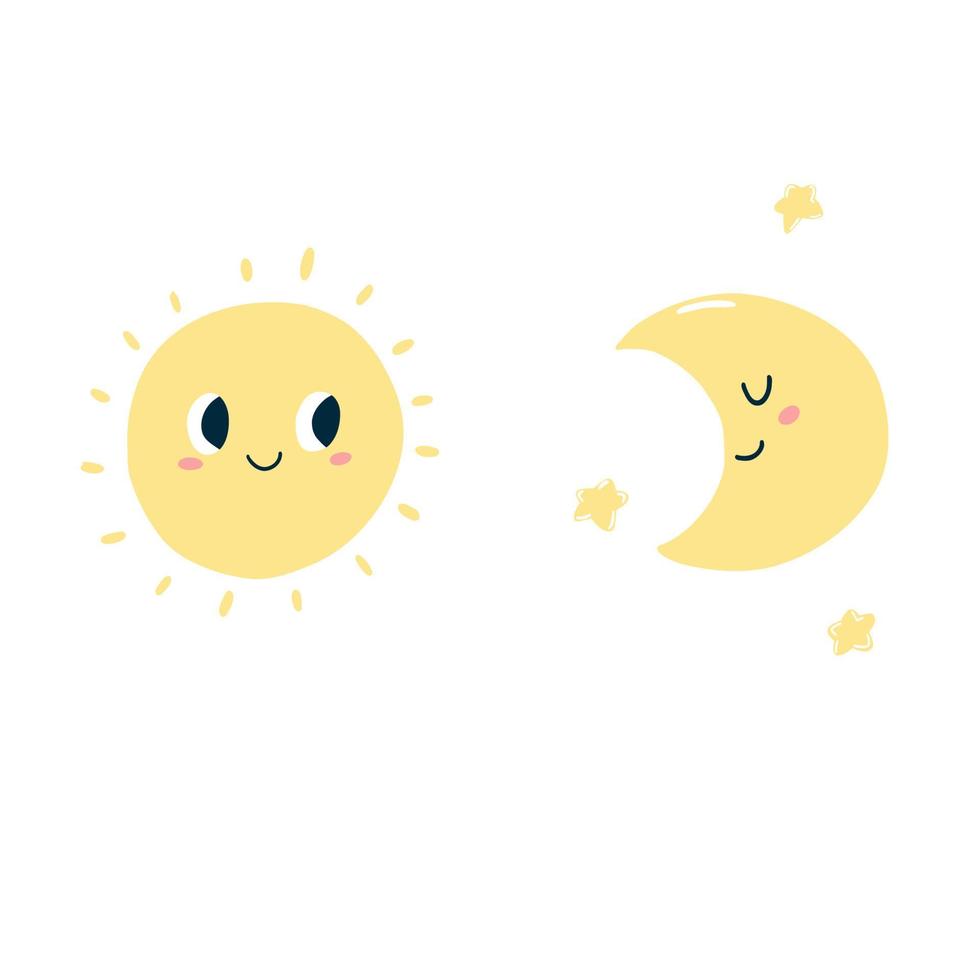 Cute kawaii sun, moon and stars in cartoon flat style. Vector illustration of kids icon with happy face for poster, fabric print, card, kids apparel