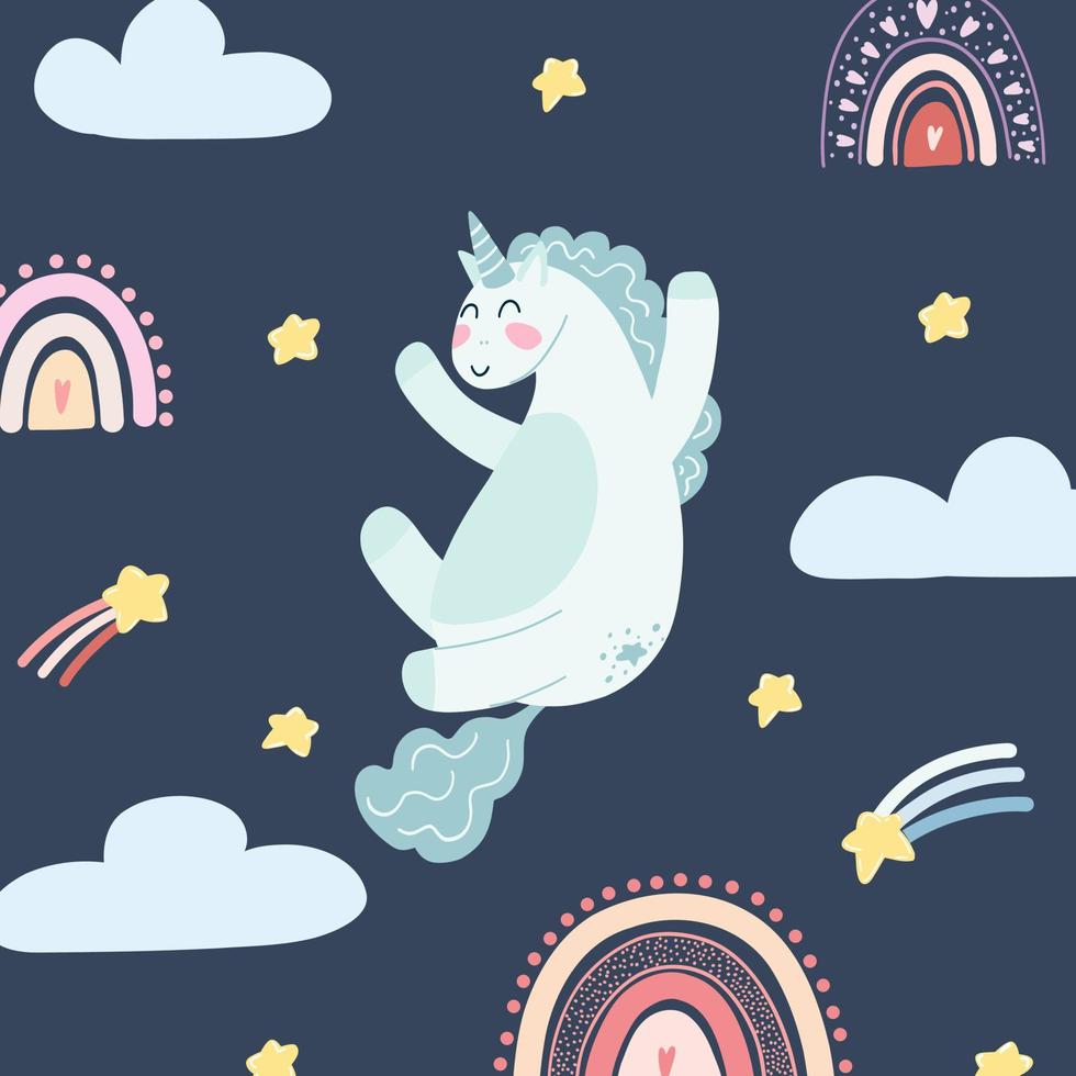 Cute unicorn with rainbows, falling stars and clouds in cartoon flat ...