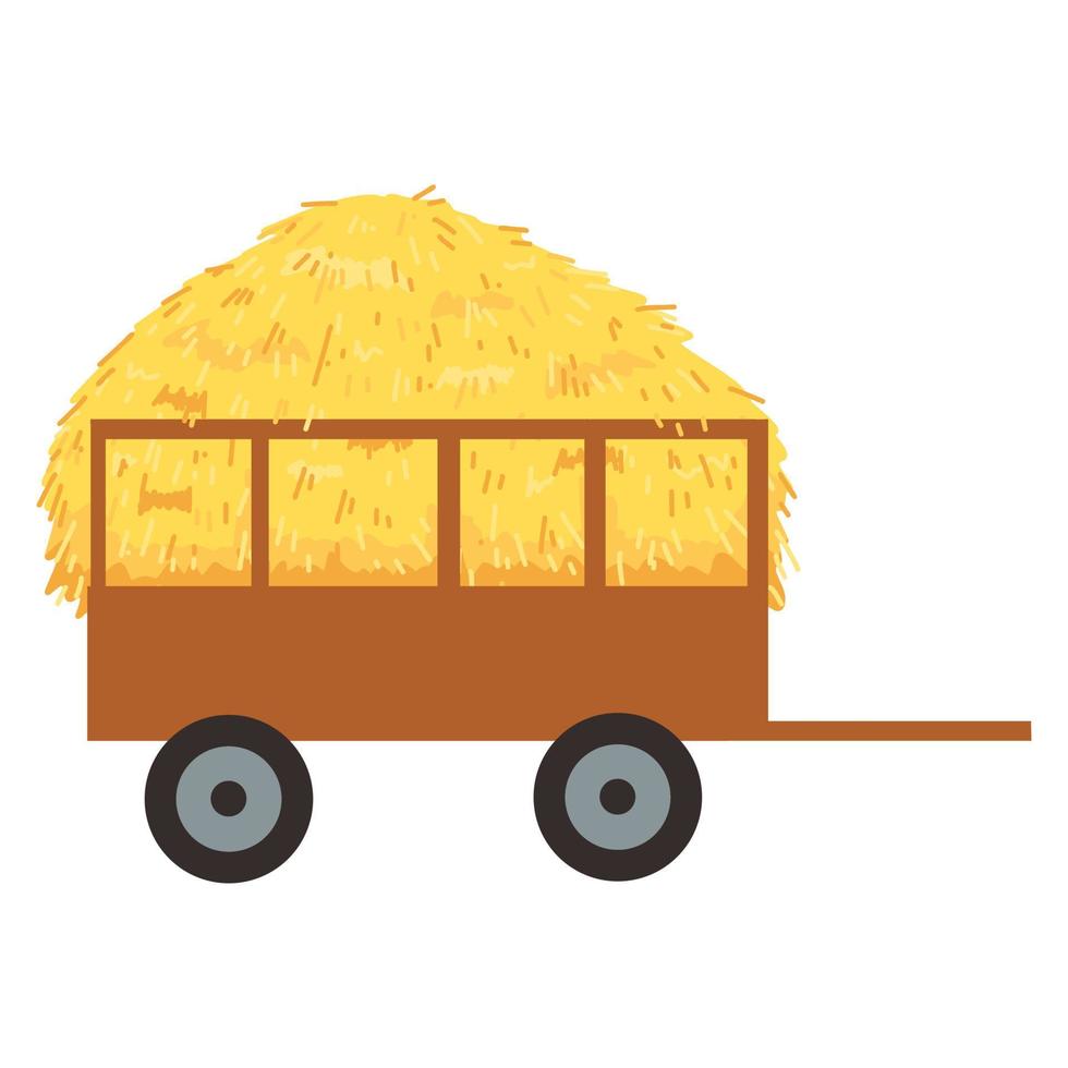 Agricultural haycock in the trailer in cartoon flat style, rural hay rolled stack, dried farm haystack. Vector illustration of fodder straw