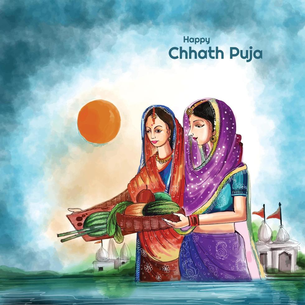 mujeres indias para el fondo de la tarjeta feliz chhath puja vector